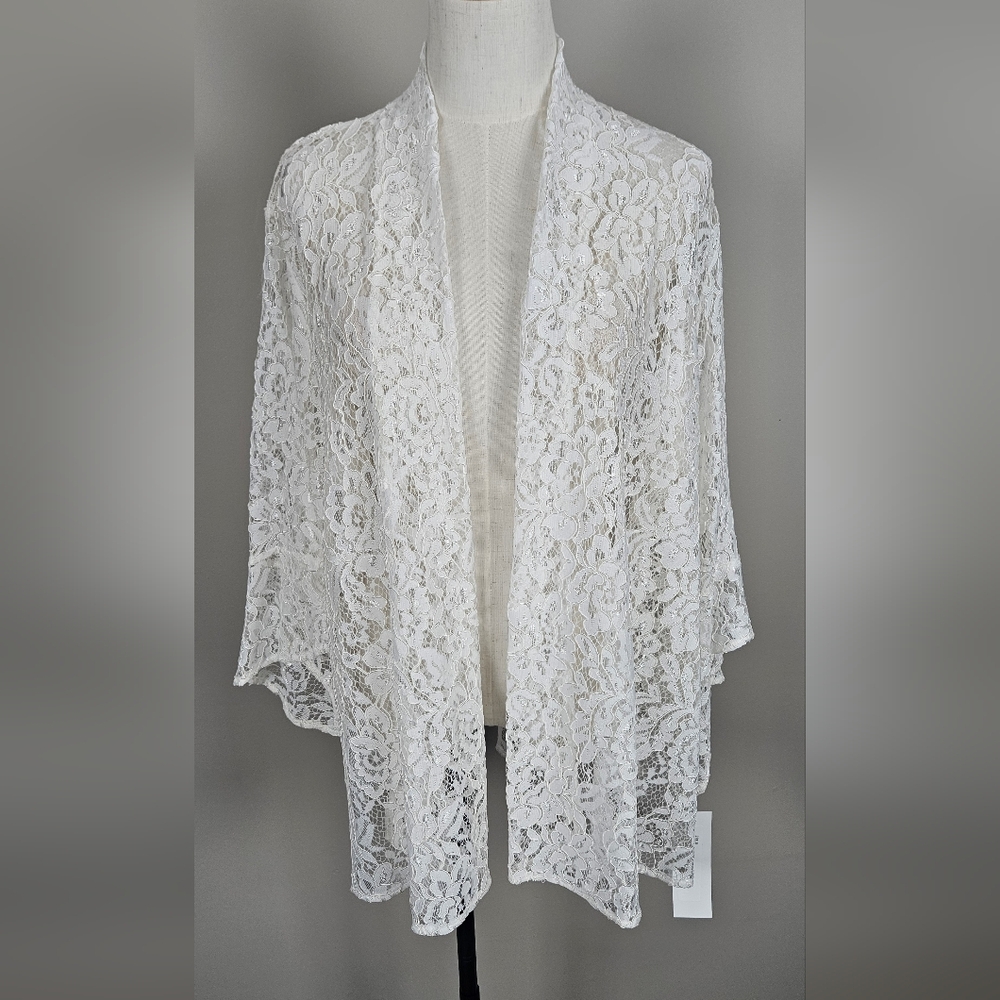 Caroline Rose Elegant White Lace Open Front 3/4‎ Bell Sleeve Cardigan:   Size- L